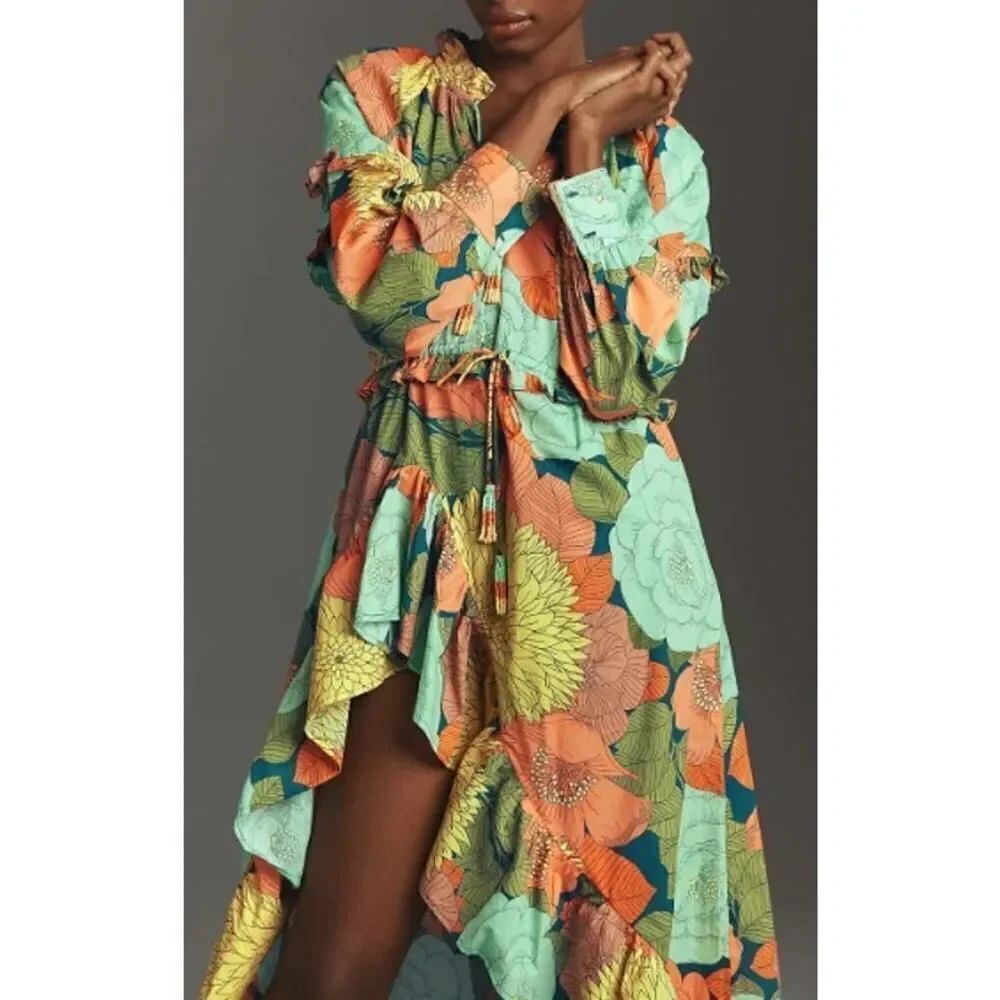 Farm Rio Long Sleeve Floral Midi Dress Sz. MP